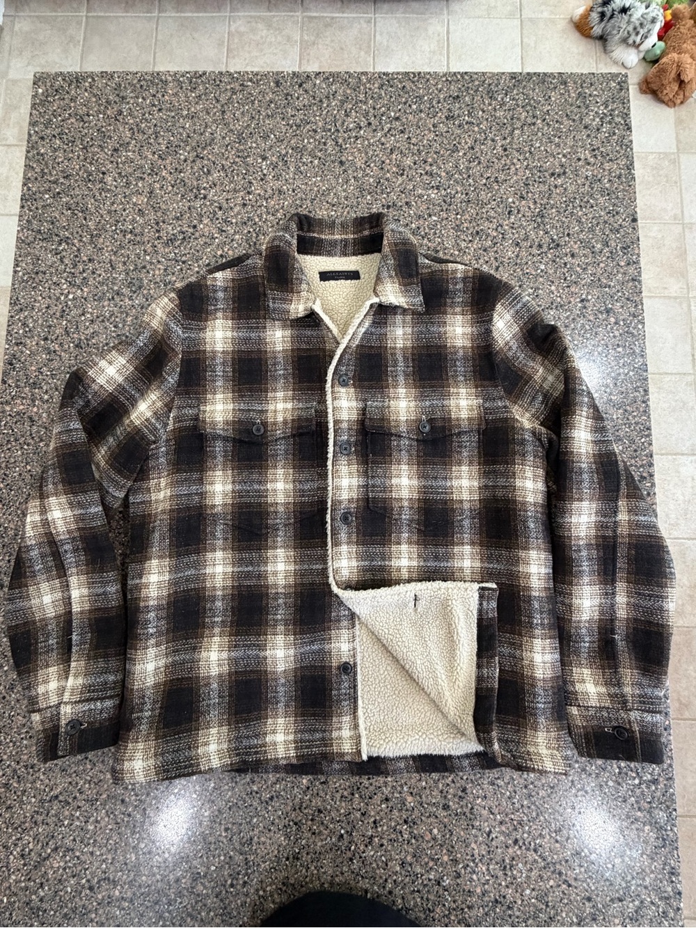 AllSaints Brown & Cream Plaid Sherpa Shacket